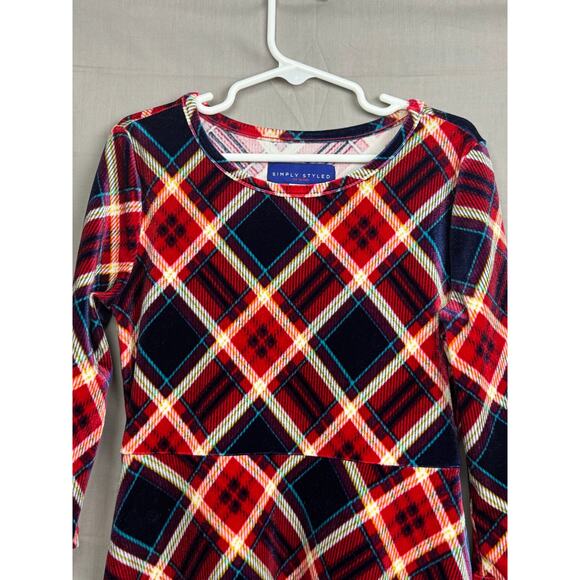 Simply Styled Girls Red/Blue Plaid Velour Holiday Dress, Size 7/8 - Picture 2 of 5